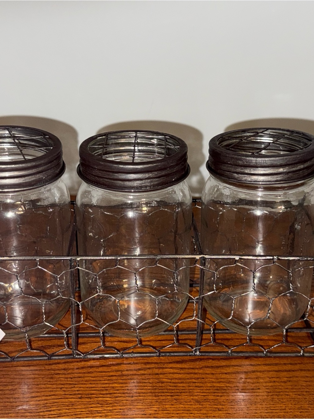 Ashland Clear Glass Mason Jar Trio with Dark Brown Lids and Wire Holder